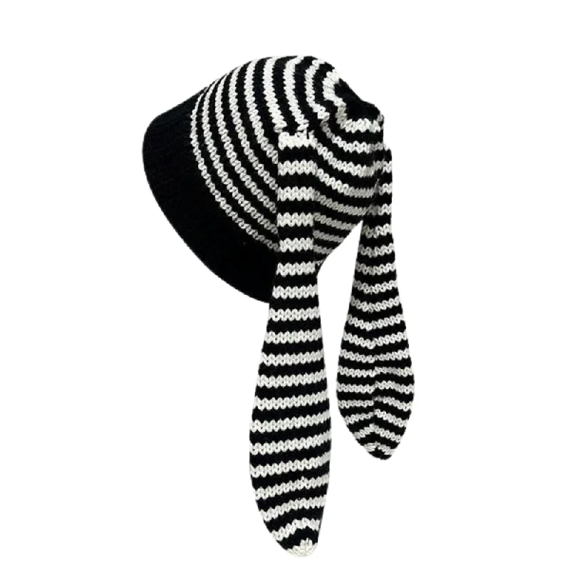 Street Black and White Striped Long Ear Knitted HatKnitted Long Sleeve