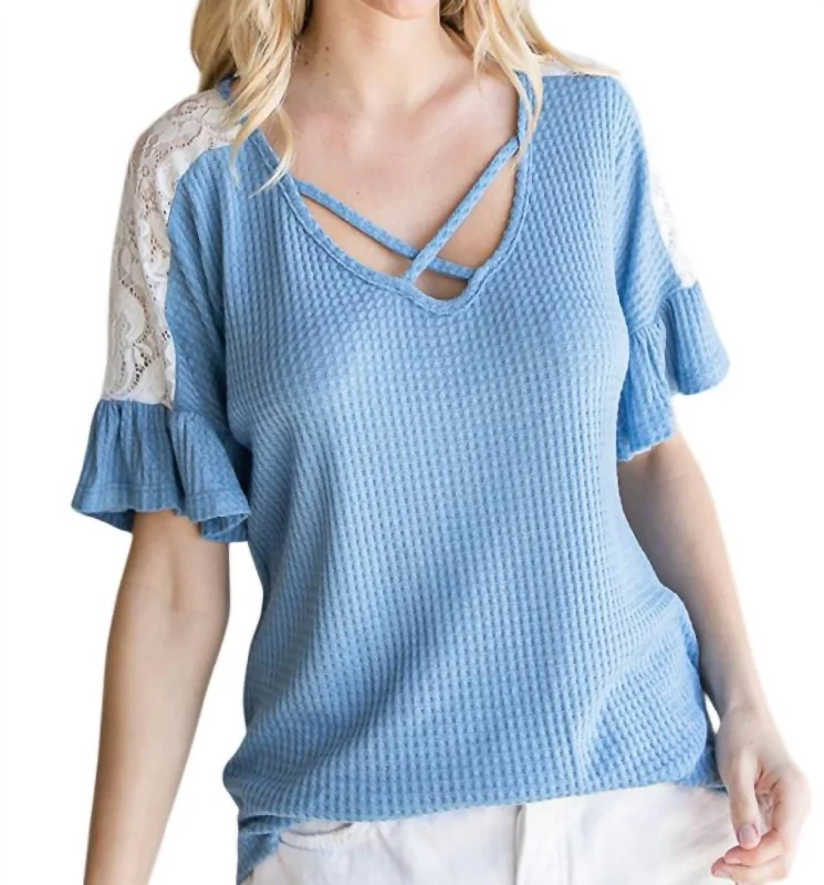 Waffle Knit Crisscross Top In BlueKnitted Spring