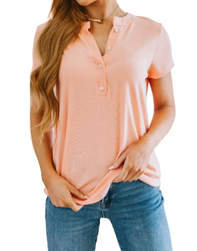 Ribbed Knit Henley Top In Pastel PeachKnit Winter