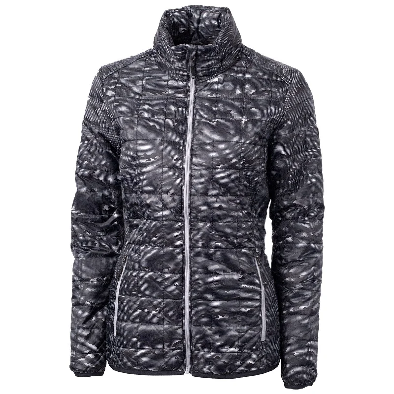 Nylon JacketsCutter & Buck Women's Black Rainier Primaloft Eco Insulated Full Zip Printed Puffer Jacket