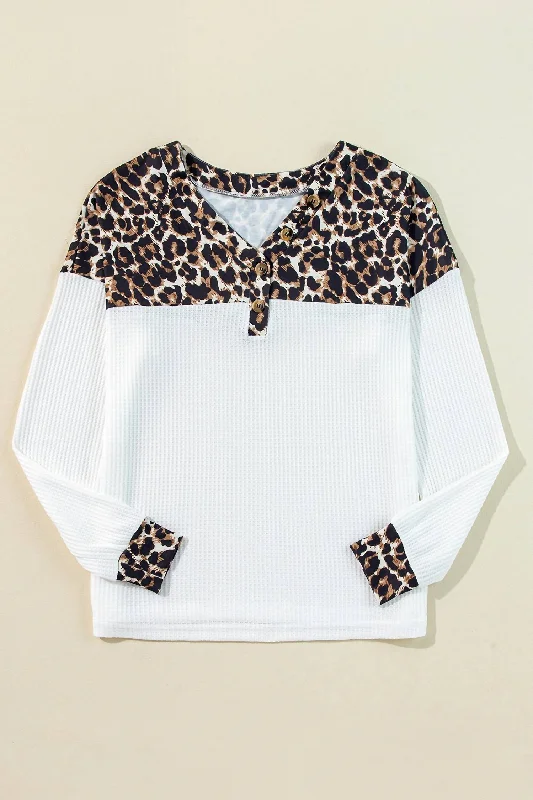 Leopard Waffle Knit Vneck Top In WhiteKnitted Pullover