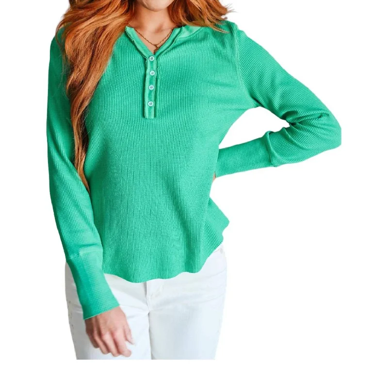 Waffle Knit Henley Top In GreenKnitted Collared