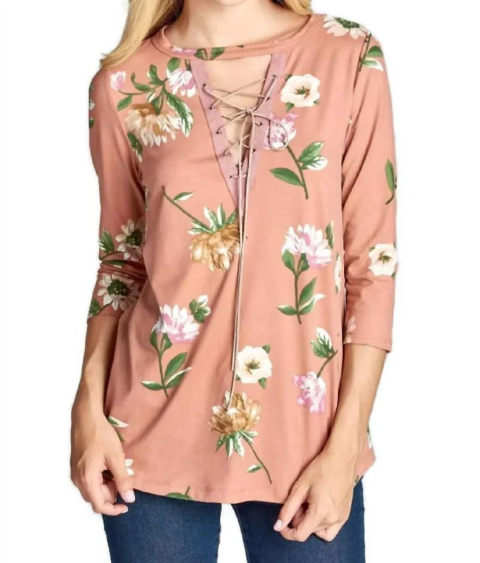 Lace Up Floral Brushed Knit Top In MauveKnit Top