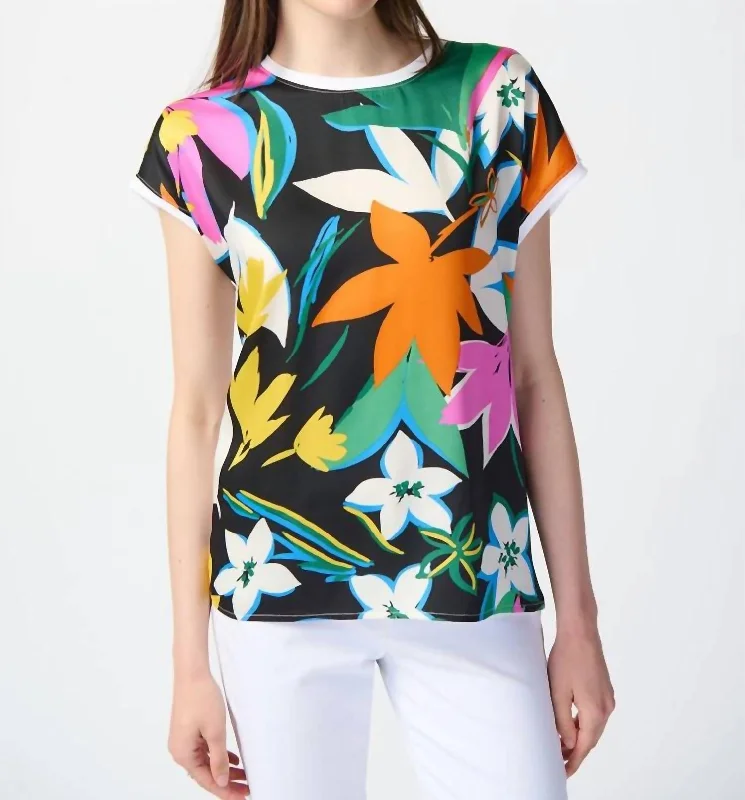 Floral Print Satin And Silky Knit Top In Vanilla/multiKnit Casual