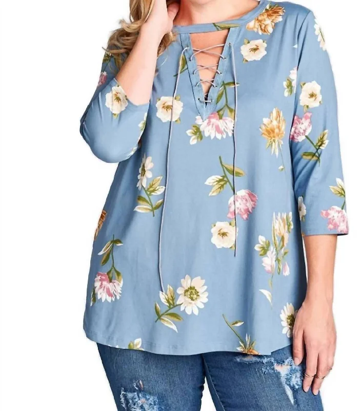 Lace Up Floral Brushed Knit Top In Dusty BlueKnit Summer