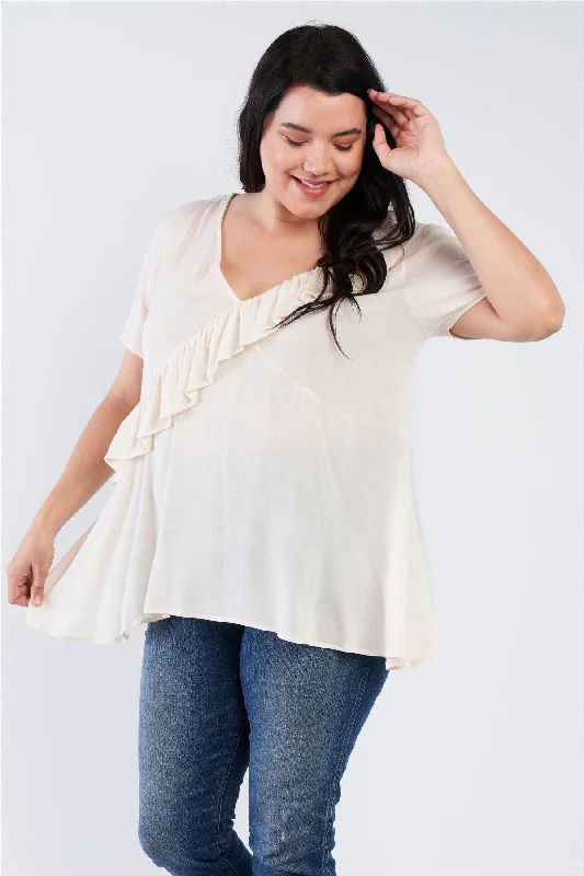 Junior Plus Size Ivory White V-Neck Diagonal Ruffle Trim Short Sleeve Top /2-2-2VNeckTopZen