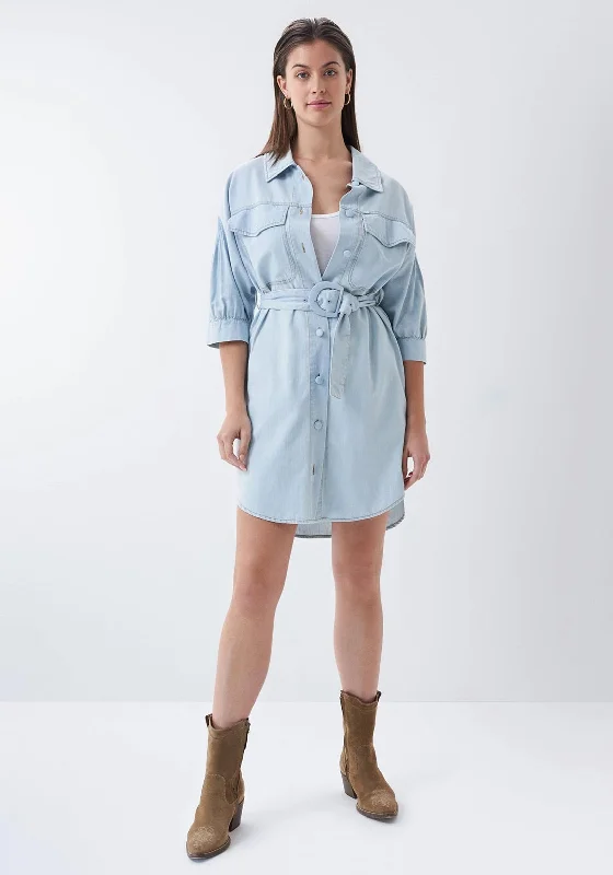 Salsa Belted Denim Shirt Mini Dress, Light BlueProm Dress