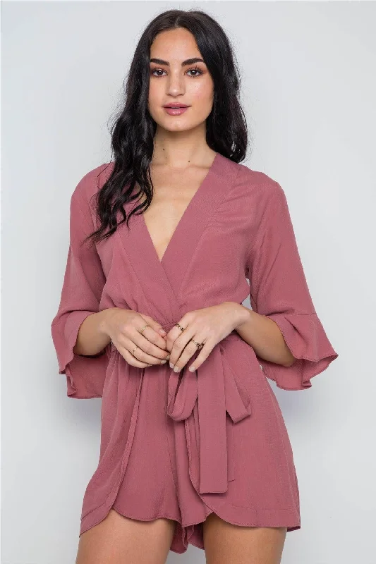 Mauve Surplice V-Neck 3/4 Bell Sleeve Boho Romper / 1-3-2-1-1VNeckTopInfinity