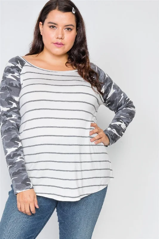 Plus Size Ivory Stripe Camo Print Long Sleeve Top