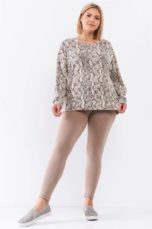 Taupe Snake Print Round Neck Relaxed Fit Long Sleeve Top /1-2-1