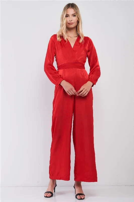 Scarlet Red Satin V-Neck Long Balloon Sleeve Wrap Tie Back Wide Leg Jumpsuit /1-1-2-2VNeckTopNest