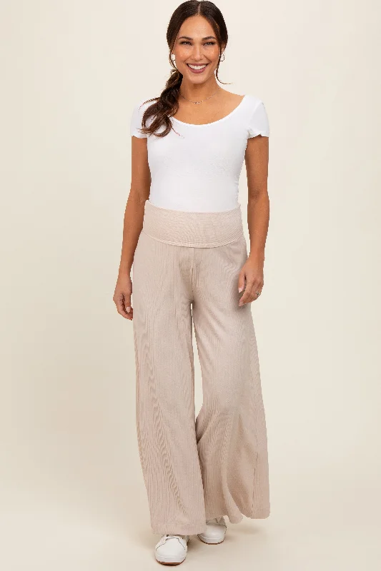 Wool PantsBeige Ribbed Foldover Waist Maternity Wide Leg Pants