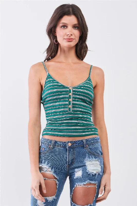 Green Striped Sleeveless V-Neck Button Front Cami Top /2-2-2VNeckTopEdge