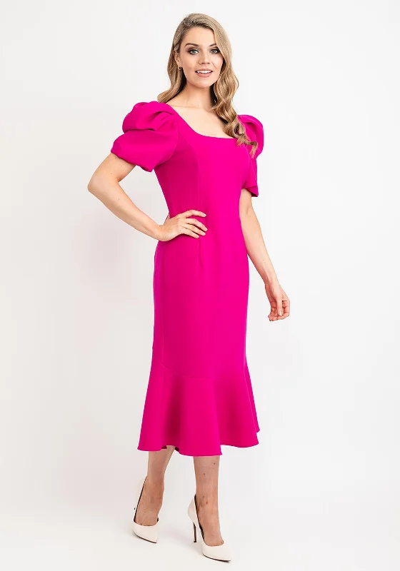 Claudia C Puff Sleeve Fishtail Dress, MagentaEmpire Waist Dress