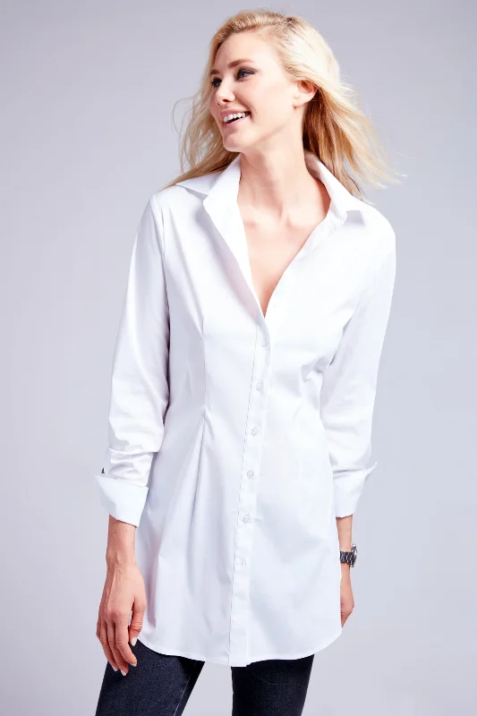 Kaylynn Tailored Button Down White Tunic BlouseRelaxed Fit Shirts