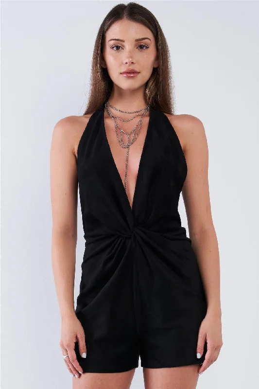 Solid Black Suede Twisted Knot Front Detail Sleeveless Open Back Deep Plunge Halter V-Neckline Romper /1-1-2-1VNeckTopPearl