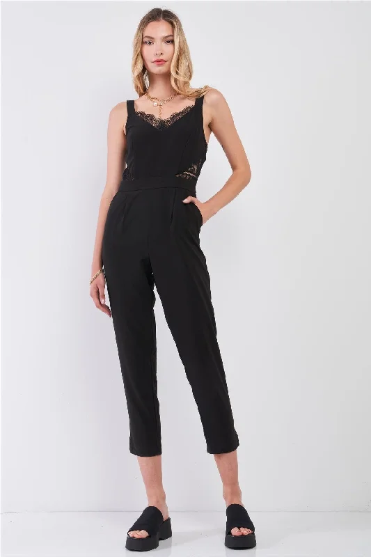 Black Sleeveless V-Neck Lace Trim Ankle Length Side Pocket Jumpsuit /1-2-2-1VNeckTopHorizon