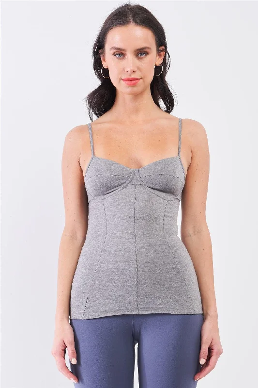 Heather Grey Sleeveless V-Neck Stitching Detail Basic Cami Top /2-1-1-1-1VNeckTopSurge