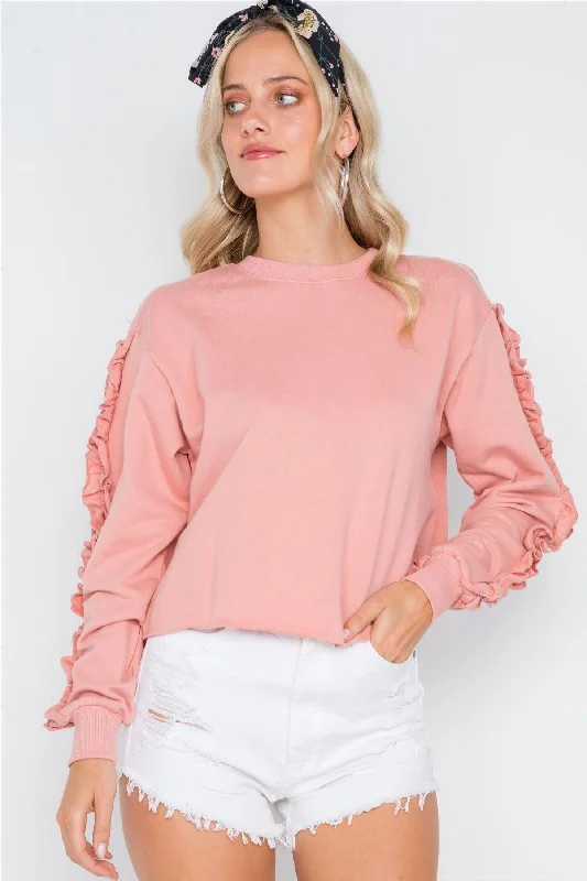 Peach Crew Neck Long Sleeve Ruffle Sweater /1-2-2-1