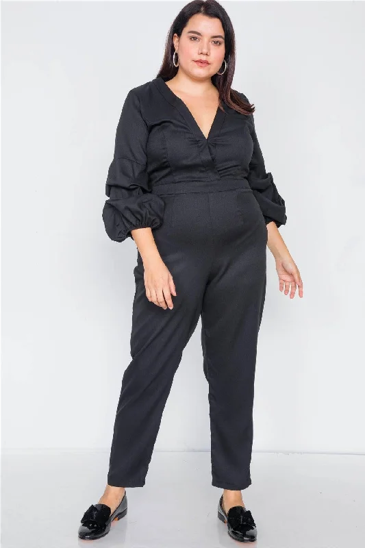 Plus Size Black V-Neck Puff Sleeve Straight Leg JumpsuitVNeckTopNinja