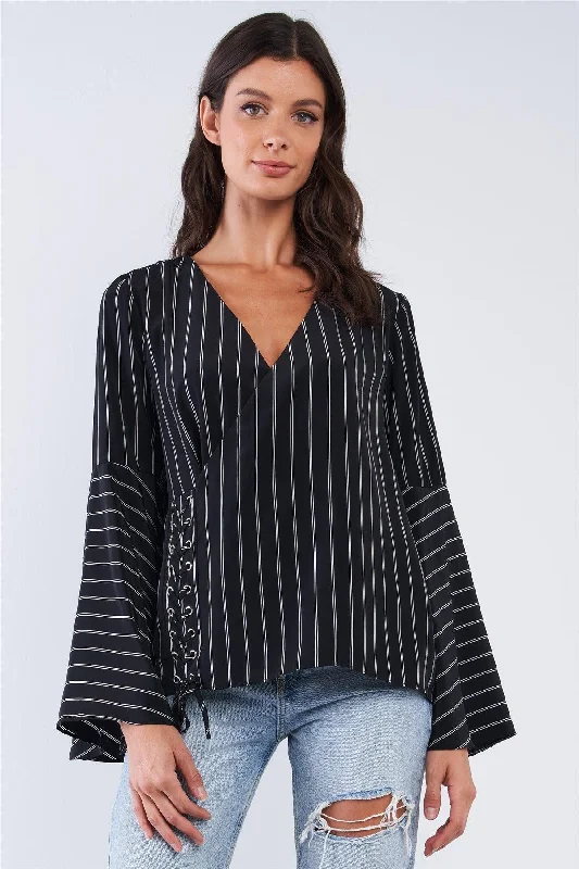 Black V-Neck Wrap Loose Fit White Horizontal Double Stripe Bellflower Long Sleeve Front Cross Threading Corset Detail Top /1-2-2-1