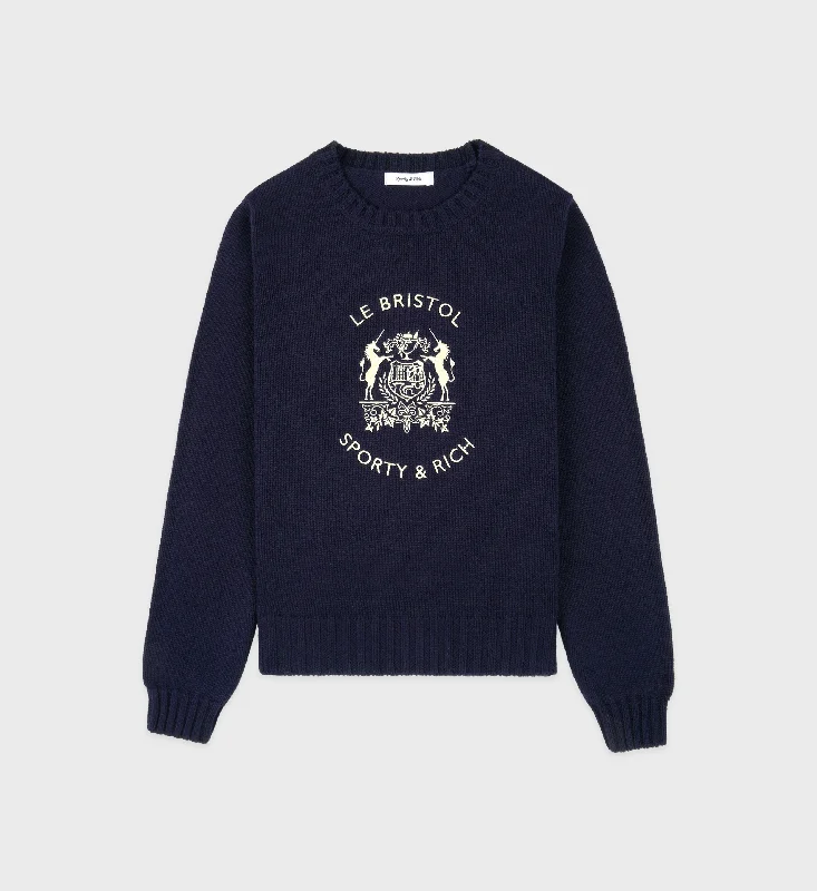 Bristol Crest Cotton Knit Sweater - Navy/CreamKnitted Blouse