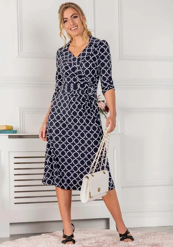 Jolie Moi Sylvie Wrap Collar Dress, Navy GeoHalter Dress