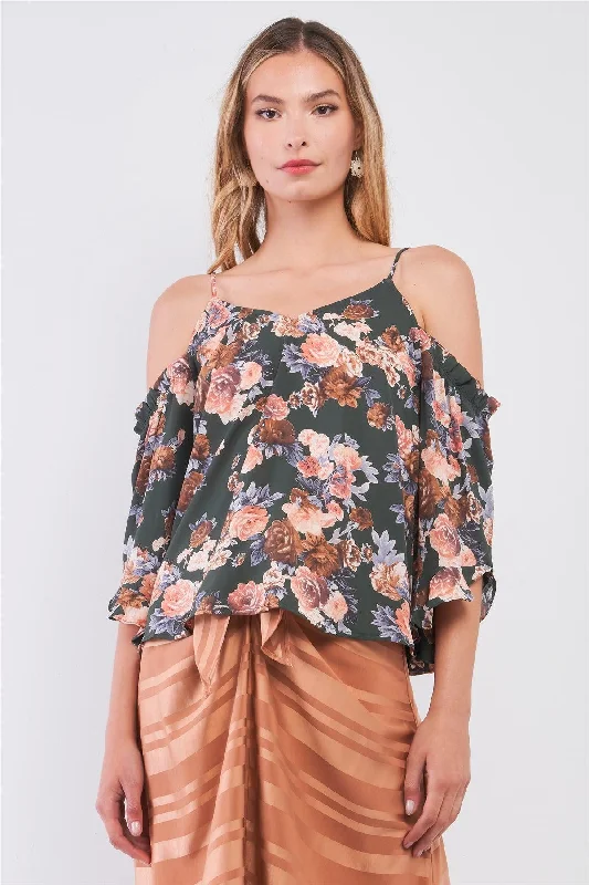 Green Floral Print Cold Shoulder Frill Angel Sleeve V-Neck Loose Top /1-2-2-1VNeckTopDiamond