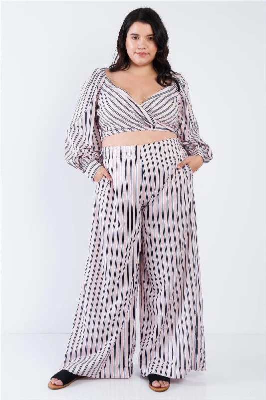 Utility PantsJunior Plus Size Blush Stripe Crop Top & Wide Leg Pants Set