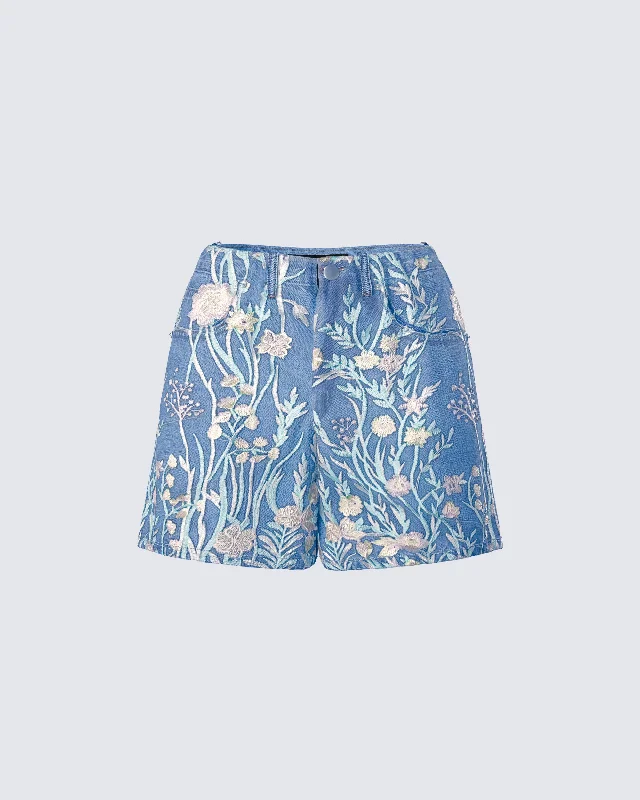 Denim tasselsKian Blue Denim Lace Overlay Shorts