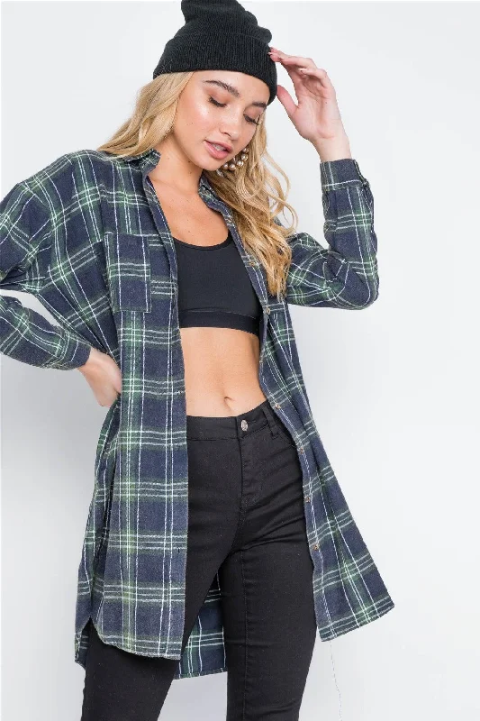 Green Plaid Button Down Long Sleeve Shirt Dress /2-3-2-1