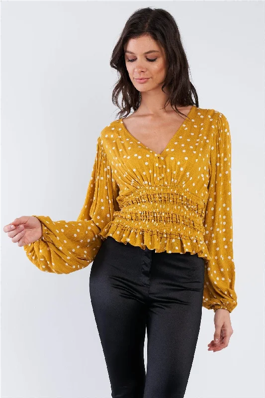 Mustard Yellow & White Frill Hem V-Neck Full Puff Sleeve Top  /3-2-1VNeckTopShift