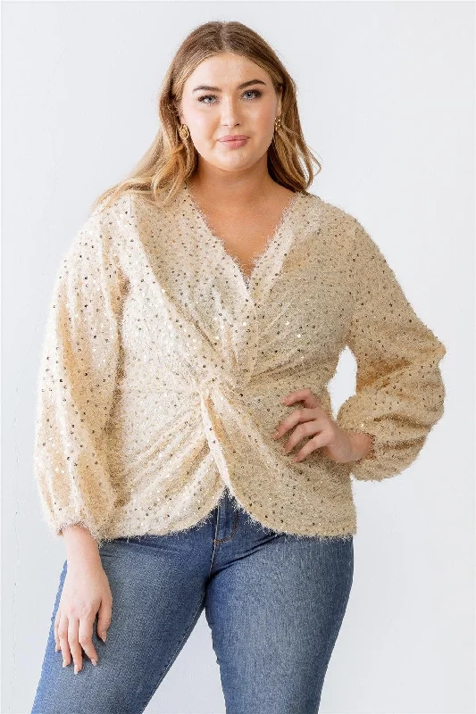 Junior Plus Tan Fuzzy Sequin Wrap Detail Long Sleeve Sweater /2-1