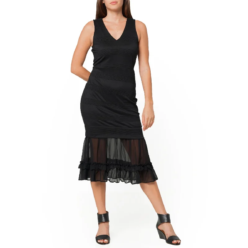 Women's Sleeveless V-neck Sheer Ruffle Hem Bodycon Dress In BlackSilk Dress