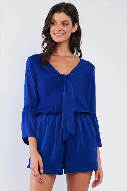 Cobalt Blue Satin Deep Plunge Self-Tie V-Neck Button Down Long Bluebell Sleeve Romper /1-2-2-1VNeckTopValley