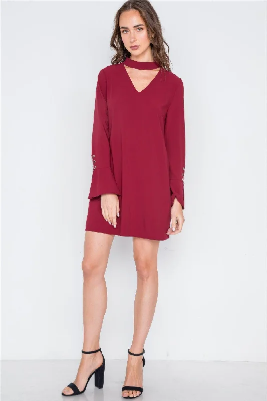 Wine Long Sleeve V-Cut Out Solid Mini Dress /1-2-3