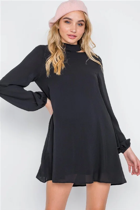 Black Cut-Out Neck Solid Long Sleeve Dress /2-2-2