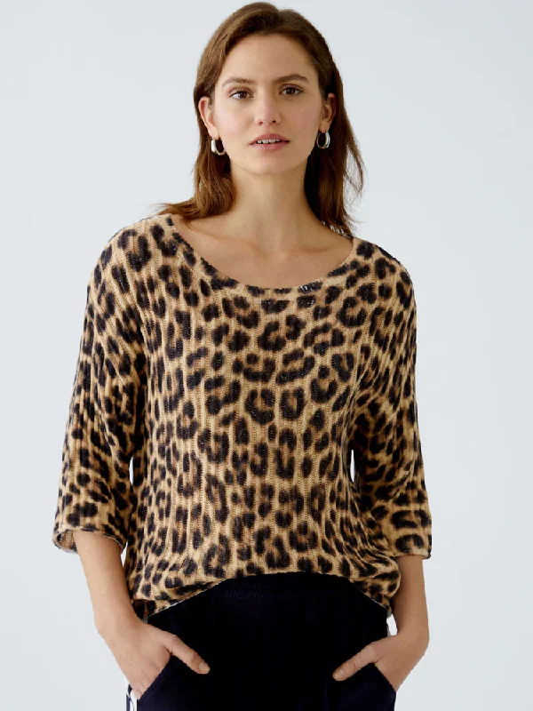 Oui Animal Print Jumper Light Brown & BlackKnitted Beaded