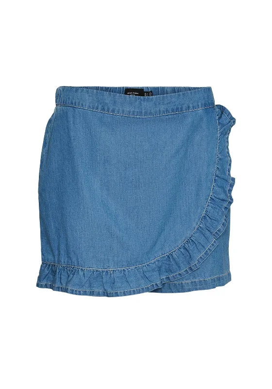 Denim laceVero Moda Nell Wrap Denim Skort, Medium Blue Denim