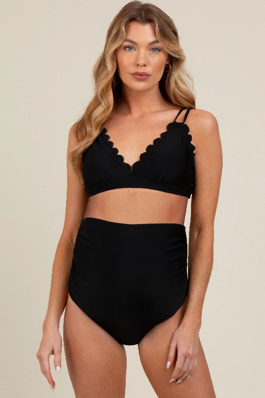 Black Scalloped V-Neck High Waist Two-Piece Maternity SwimsuitVNeckTopCentaur