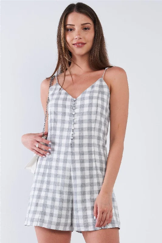 White and Grey Checkered V-Neck Sleeveless Midway Button Down RomperVNeckTopZenith