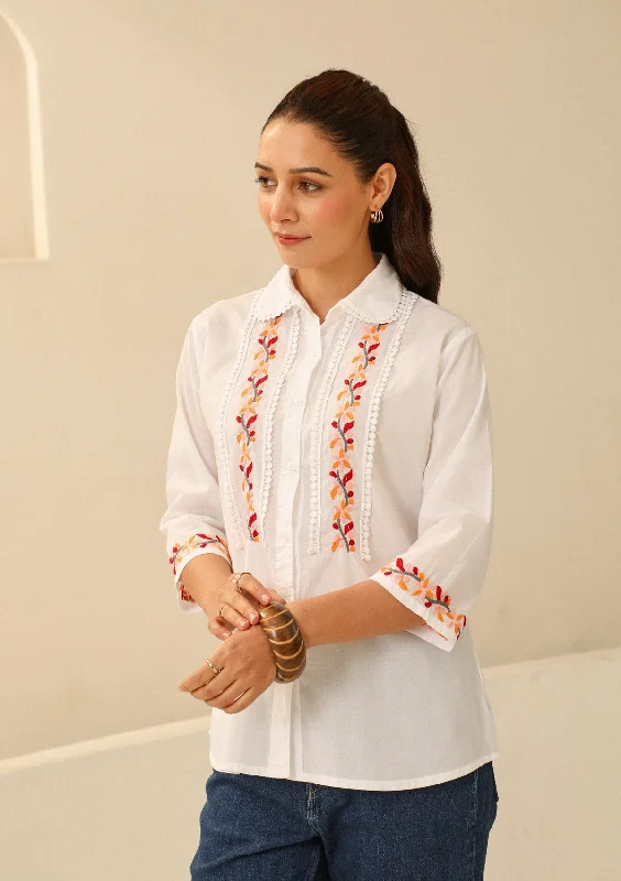 Cotton Chikankari Solid Women's Shirt - WhiteTravel Shirts