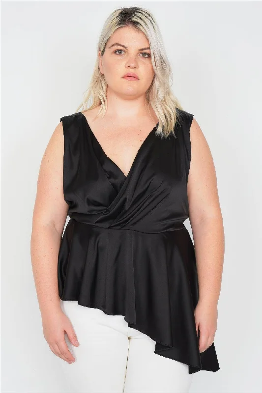 Plus Size Black Silk V-Neck Asymmetrical Handkerchief Top /3-2-1VNeckTopAdventurer