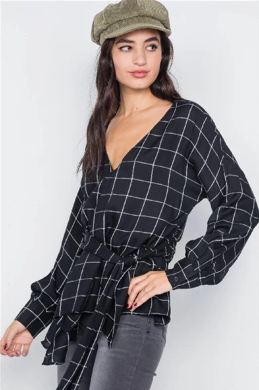 Black & White Stripe Plaid Drop-Shoulder V-Neck Top /2-2-1VNeckTopPrime