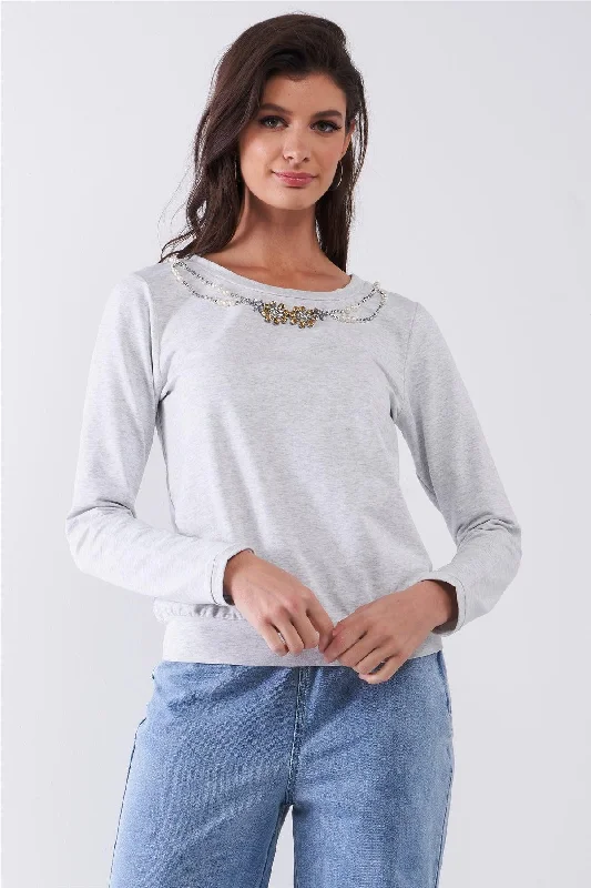 Heather Grey Long Sleeve Pearl & Gem Embroidery Detail Round Neck Top /1-2-2