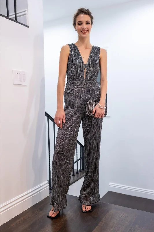 Silver Pleated Sparkly V-Neck Cut-Out Detail Jumpsuit /1-2-2-1VNeckTopValley