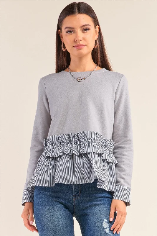 Grey Long Sleeve Crew Neck Striped Ruffle Hem Detail Knit Top /3-1-2