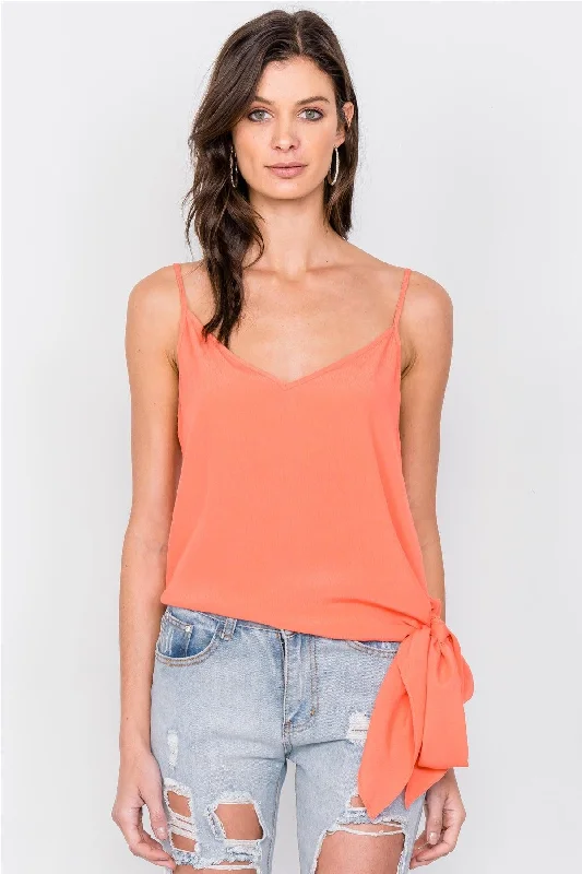 Tangerine Self Tie Side Sash V-Neck Casual Cami Top  /3-2-1VNeckTopZen