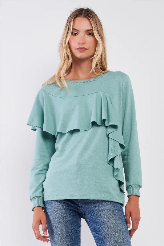 Sage Ruffled Crew Neck Long Sleeve Sweatshirt /2-2-2