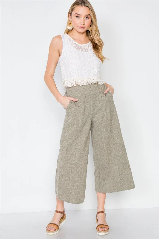 Cropped PantsOlive Knit Side Button Wide Leg Ankle Pants /2-2-2